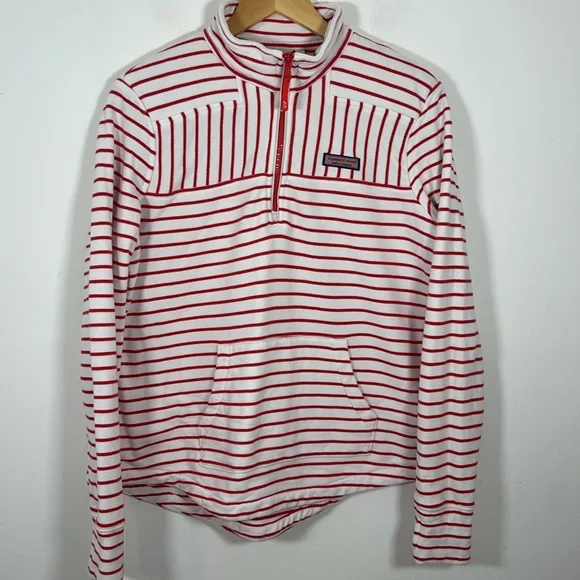 Vineyard Vines 1/4 Zip Fleece Sweatshirt M Orange White Stripe Sweater Preppy - Picture 2 of 9